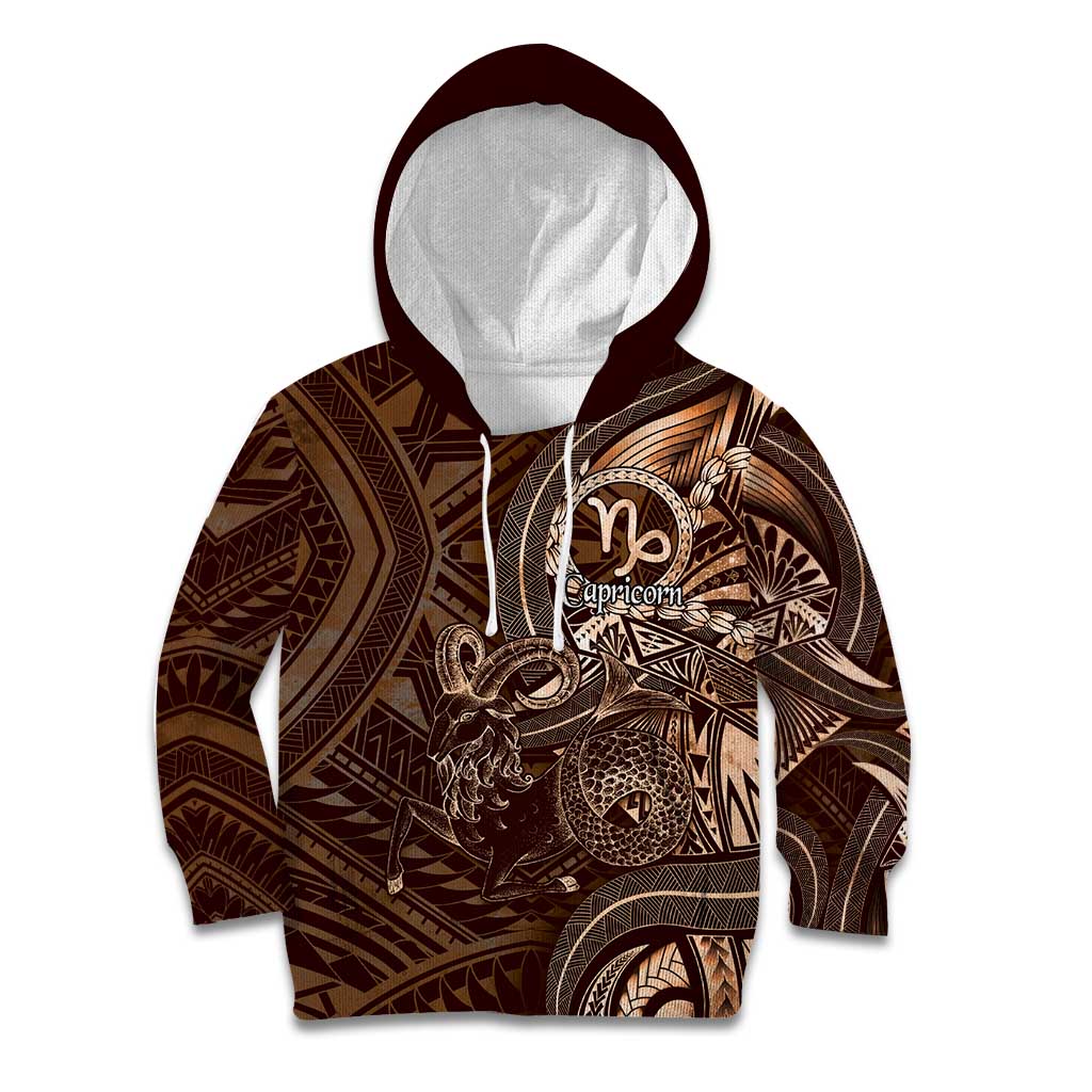 Personalised Polynesia Zodiac Capricorn Kid Hoodie Galaxy Polynesian Pattern Chest Tattoo Style LT14 Hoodie Brown - Polynesian Pride