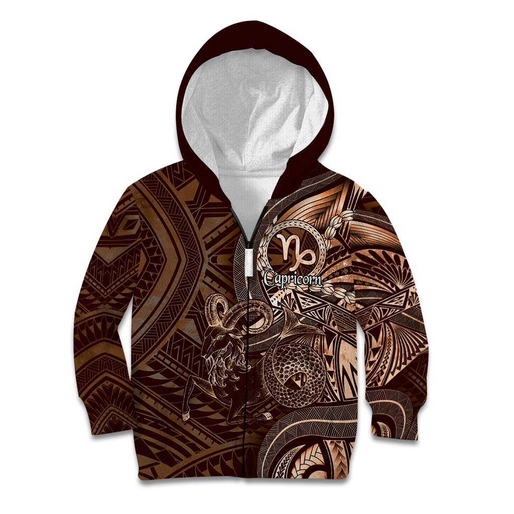 Personalised Polynesia Zodiac Capricorn Kid Hoodie Galaxy Polynesian Pattern Chest Tattoo Style LT14 Zip Hoodie Brown - Polynesian Pride