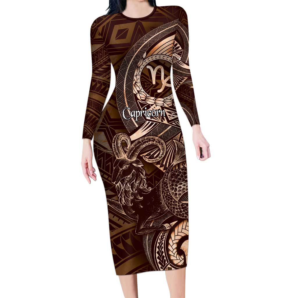 Personalised Polynesia Zodiac Capricorn Long Sleeve Bodycon Dress Galaxy Polynesian Pattern Chest Tattoo Style