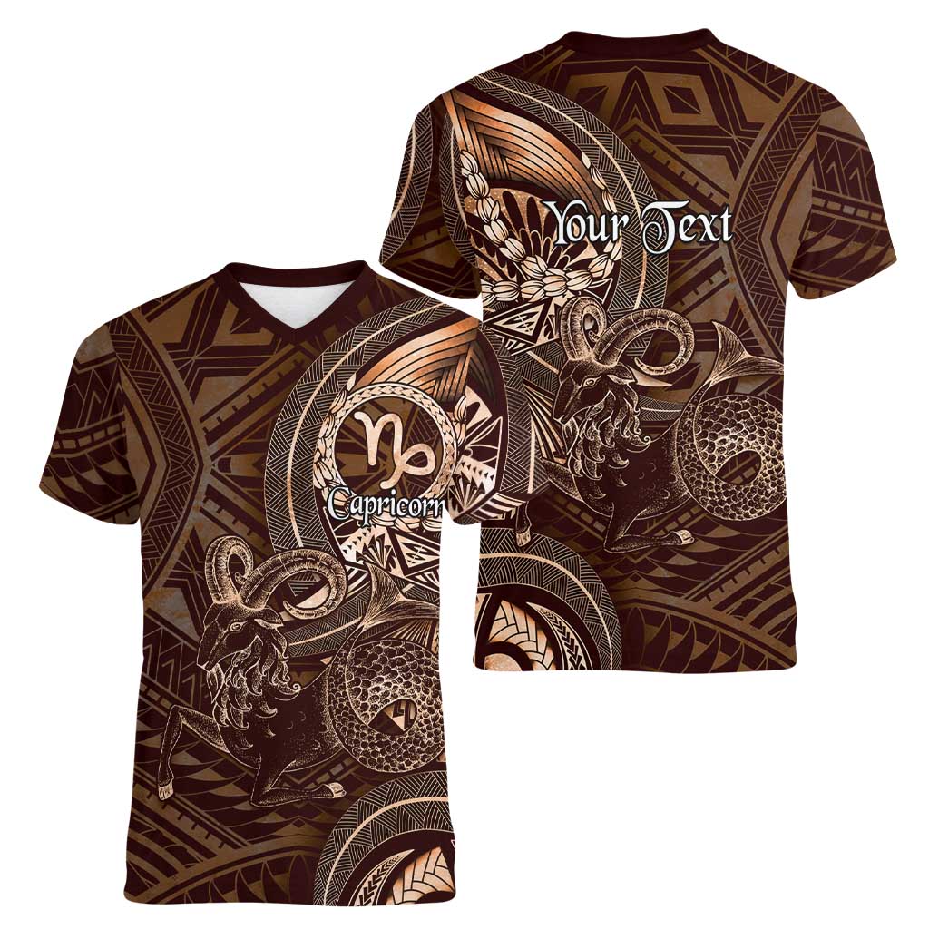 Personalised Polynesia Zodiac Capricorn Women V-Neck T-Shirt Galaxy Polynesian Pattern Chest Tattoo Style