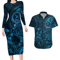 Personalised Polynesia Zodiac Pisces Couples Matching Long Sleeve Bodycon Dress and Hawaiian Shirt Galaxy Polynesian Pattern Chest Tattoo Style