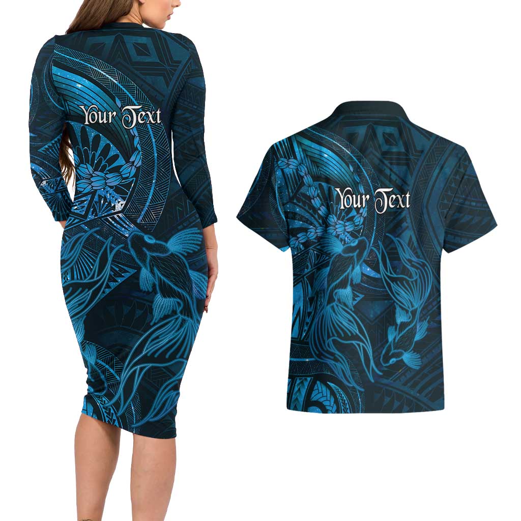 Personalised Polynesia Zodiac Pisces Couples Matching Long Sleeve Bodycon Dress and Hawaiian Shirt Galaxy Polynesian Pattern Chest Tattoo Style