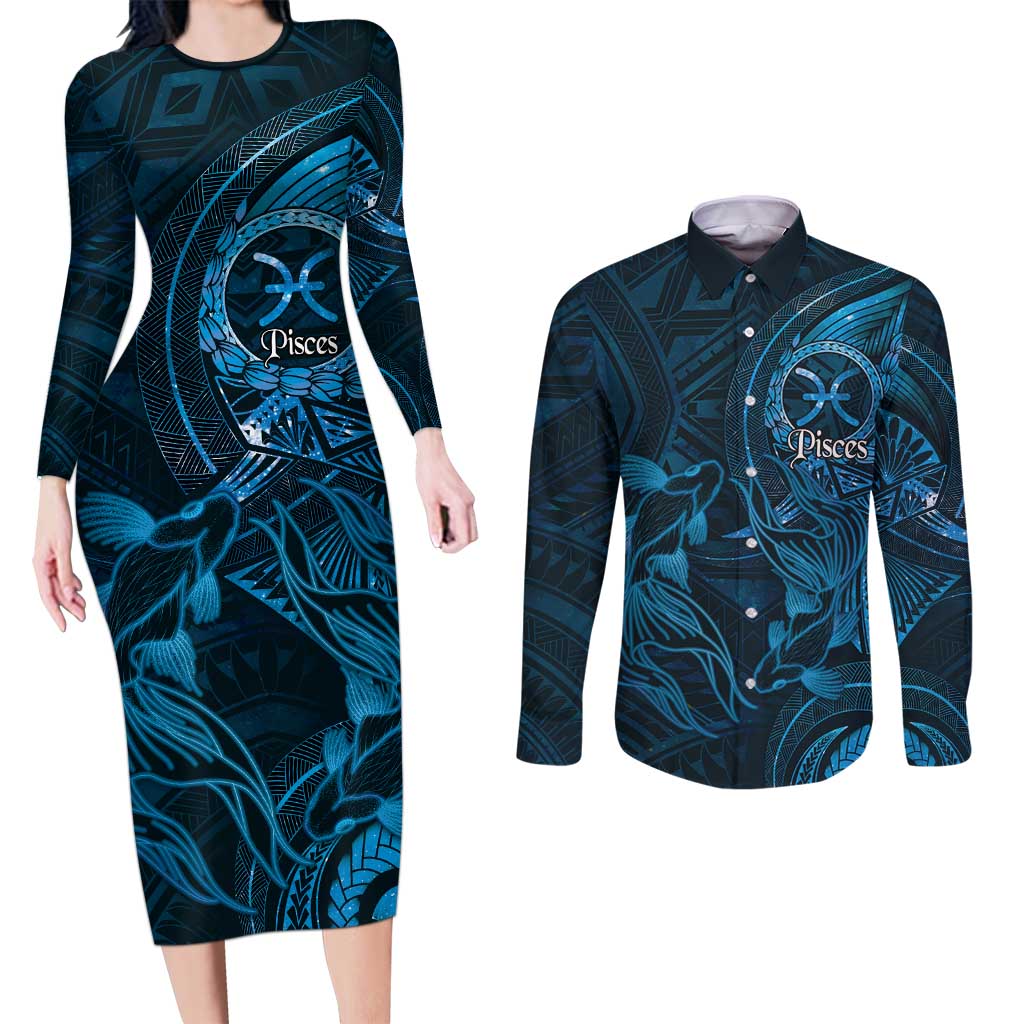 Personalised Polynesia Zodiac Pisces Couples Matching Long Sleeve Bodycon Dress and Long Sleeve Button Shirt Galaxy Polynesian Pattern Chest Tattoo Style LT14 Blue - Polynesian Pride