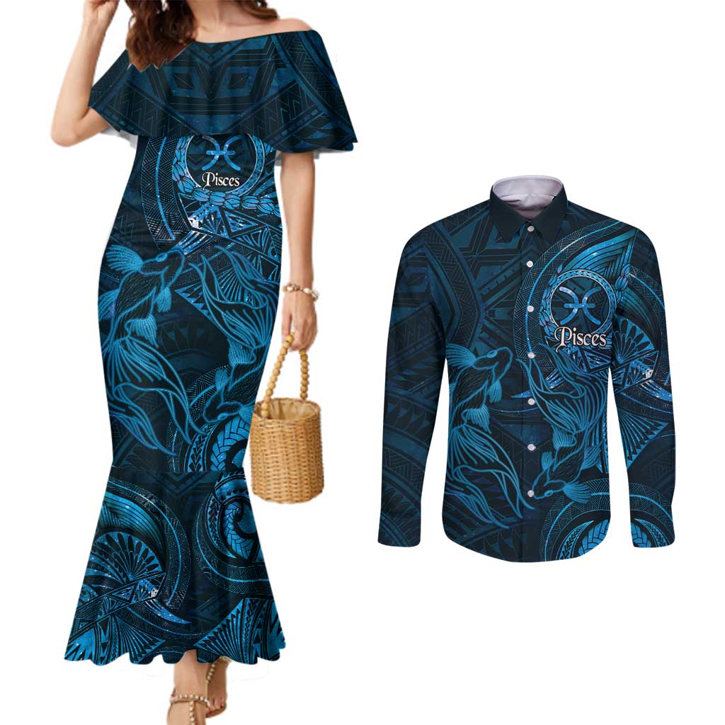 Personalised Polynesia Zodiac Pisces Couples Matching Mermaid Dress and Long Sleeve Button Shirt Galaxy Polynesian Pattern Chest Tattoo Style LT14 Blue - Polynesian Pride