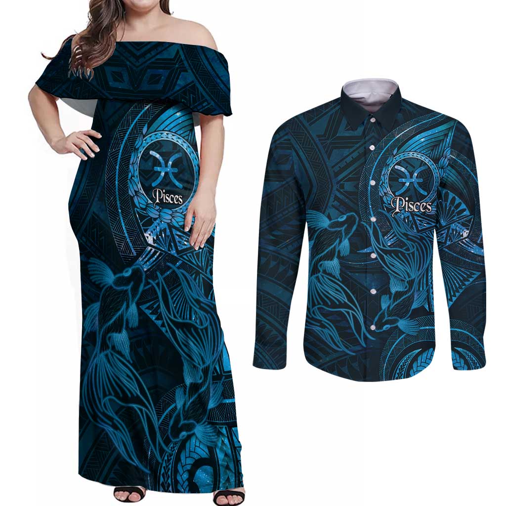 Personalised Polynesia Zodiac Pisces Couples Matching Off Shoulder Maxi Dress and Long Sleeve Button Shirt Galaxy Polynesian Pattern Chest Tattoo Style LT14 Blue - Polynesian Pride