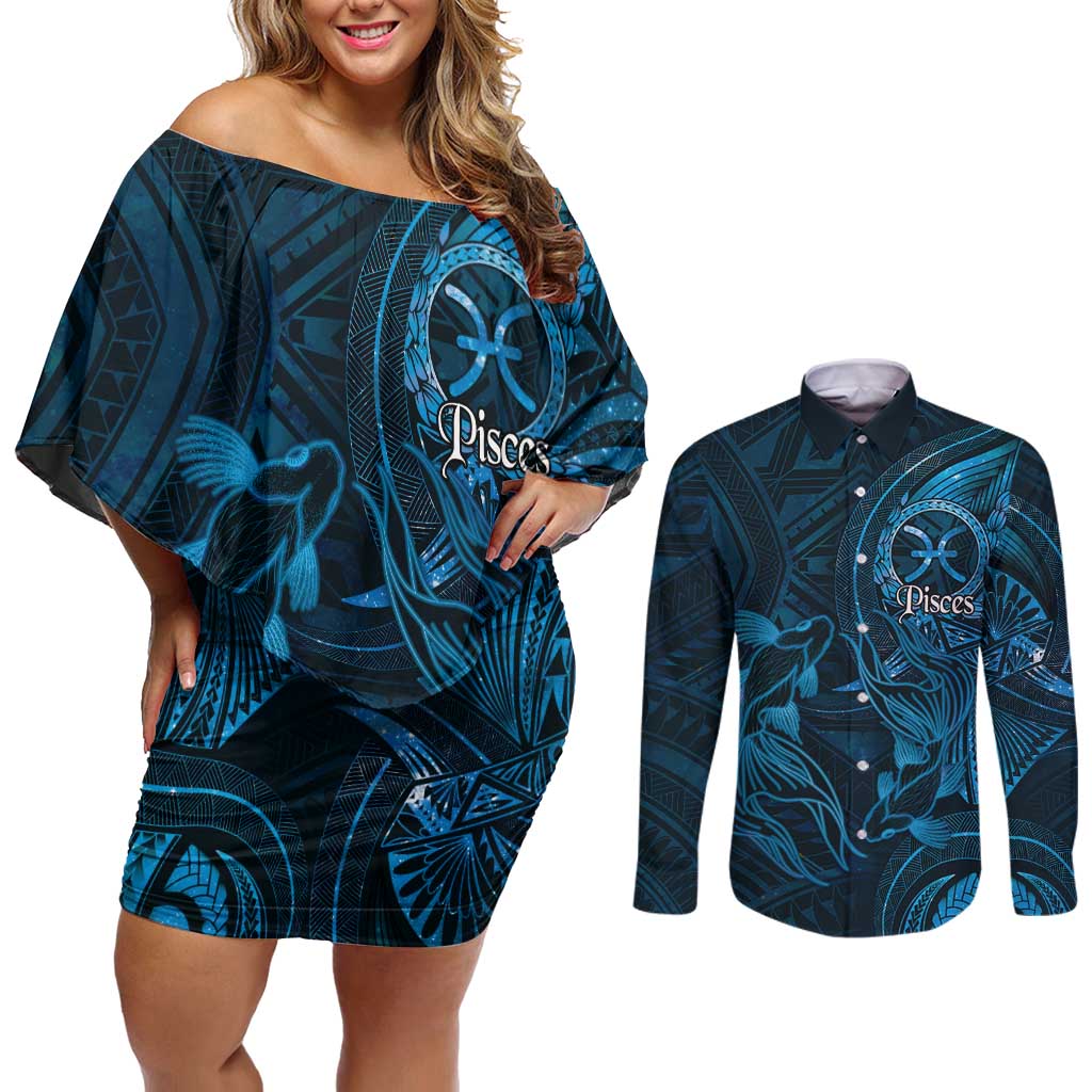 Personalised Polynesia Zodiac Pisces Couples Matching Off Shoulder Short Dress and Long Sleeve Button Shirt Galaxy Polynesian Pattern Chest Tattoo Style LT14 Blue - Polynesian Pride