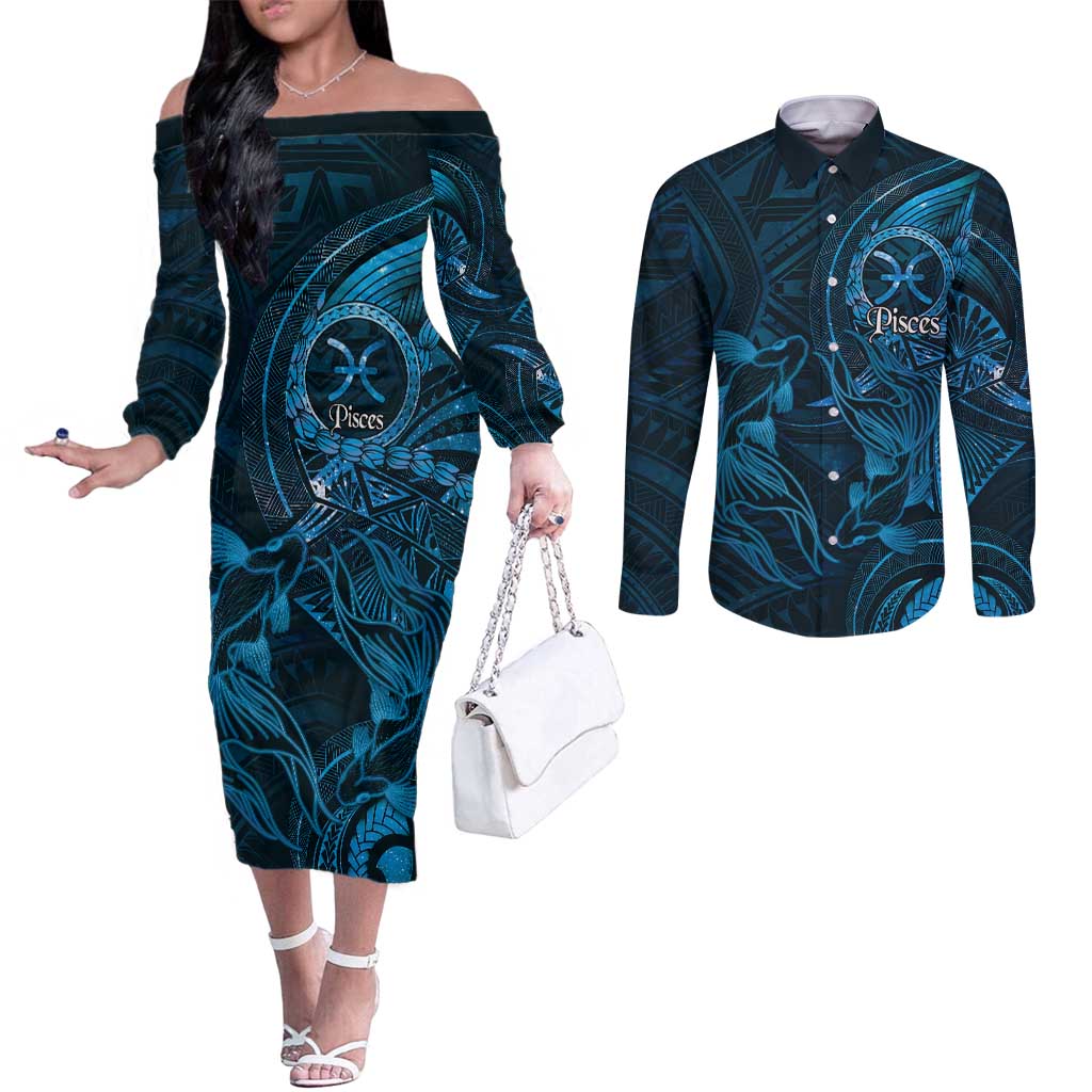 Personalised Polynesia Zodiac Pisces Couples Matching Off The Shoulder Long Sleeve Dress and Long Sleeve Button Shirt Galaxy Polynesian Pattern Chest Tattoo Style LT14 Blue - Polynesian Pride