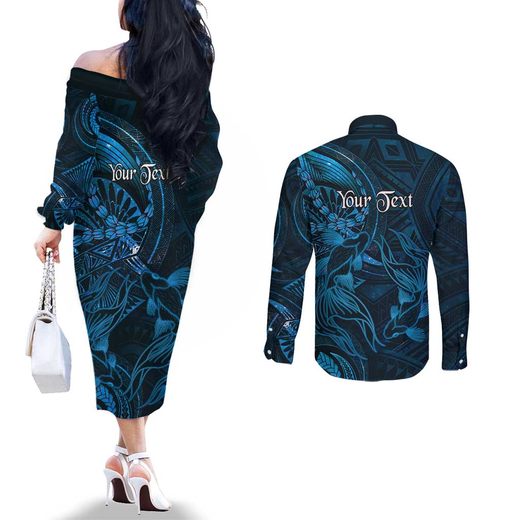 Personalised Polynesia Zodiac Pisces Couples Matching Off The Shoulder Long Sleeve Dress and Long Sleeve Button Shirt Galaxy Polynesian Pattern Chest Tattoo Style