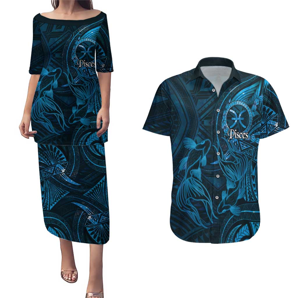 Personalised Polynesia Zodiac Pisces Couples Matching Puletasi and Hawaiian Shirt Galaxy Polynesian Pattern Chest Tattoo Style LT14 Blue - Polynesian Pride