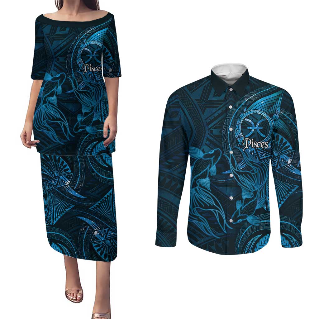 Personalised Polynesia Zodiac Pisces Couples Matching Puletasi and Long Sleeve Button Shirt Galaxy Polynesian Pattern Chest Tattoo Style LT14 Blue - Polynesian Pride