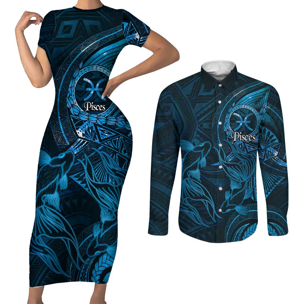 Personalised Polynesia Zodiac Pisces Couples Matching Short Sleeve Bodycon Dress and Long Sleeve Button Shirt Galaxy Polynesian Pattern Chest Tattoo Style LT14 Blue - Polynesian Pride
