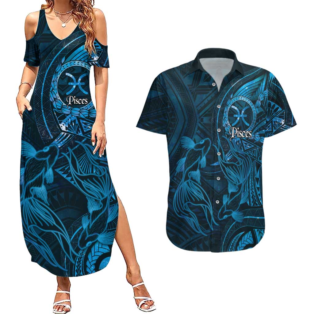 Personalised Polynesia Zodiac Pisces Couples Matching Summer Maxi Dress and Hawaiian Shirt Galaxy Polynesian Pattern Chest Tattoo Style LT14 Blue - Polynesian Pride