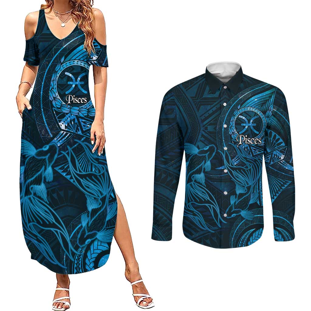 Personalised Polynesia Zodiac Pisces Couples Matching Summer Maxi Dress and Long Sleeve Button Shirt Galaxy Polynesian Pattern Chest Tattoo Style LT14 Blue - Polynesian Pride