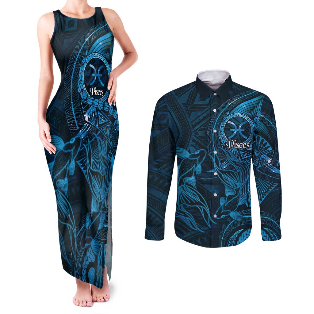 Personalised Polynesia Zodiac Pisces Couples Matching Tank Maxi Dress and Long Sleeve Button Shirt Galaxy Polynesian Pattern Chest Tattoo Style LT14 Blue - Polynesian Pride