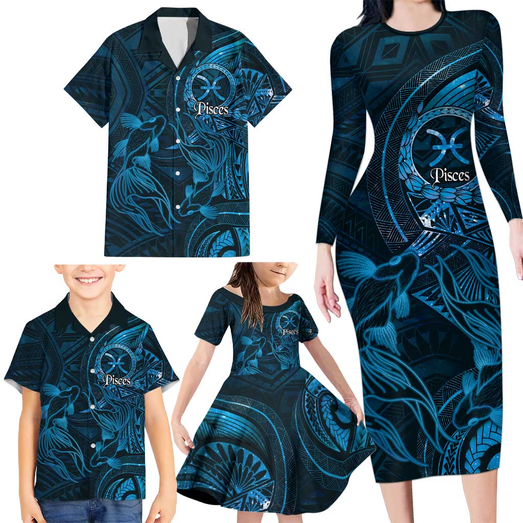 Personalised Polynesia Zodiac Pisces Family Matching Long Sleeve Bodycon Dress and Hawaiian Shirt Galaxy Polynesian Pattern Chest Tattoo Style LT14 - Polynesian Pride