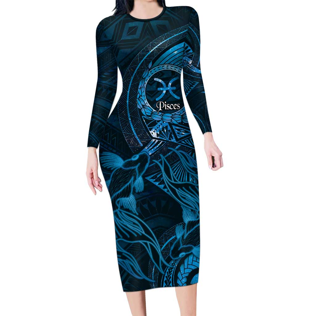 Personalised Polynesia Zodiac Pisces Family Matching Long Sleeve Bodycon Dress and Hawaiian Shirt Galaxy Polynesian Pattern Chest Tattoo Style LT14 Mom's Dress Blue - Polynesian Pride