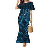 Personalised Polynesia Zodiac Pisces Family Matching Mermaid Dress and Hawaiian Shirt Galaxy Polynesian Pattern Chest Tattoo Style LT14 Mom's Dress Blue - Polynesian Pride
