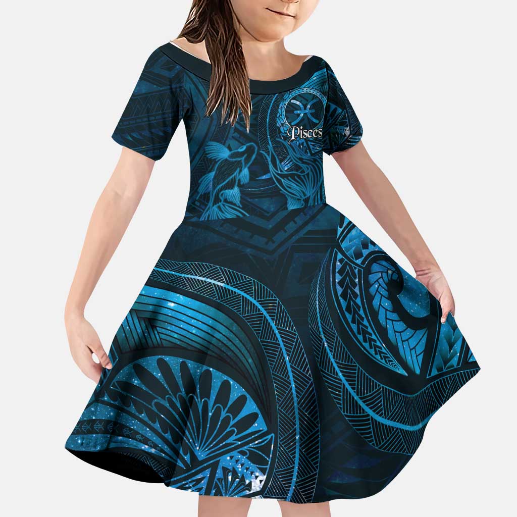 Personalised Polynesia Zodiac Pisces Family Matching Off Shoulder Maxi Dress and Hawaiian Shirt Galaxy Polynesian Pattern Chest Tattoo Style LT14 Daughter's Dress Blue - Polynesian Pride