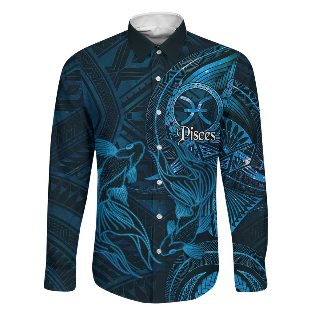 Personalised Polynesia Zodiac Pisces Family Matching Summer Maxi Dress and Hawaiian Shirt Galaxy Polynesian Pattern Chest Tattoo Style LT14 Dad's Shirt - Long Sleeve Blue - Polynesian Pride
