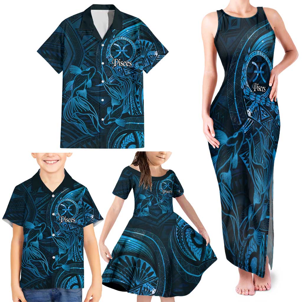 Personalised Polynesia Zodiac Pisces Family Matching Tank Maxi Dress and Hawaiian Shirt Galaxy Polynesian Pattern Chest Tattoo Style