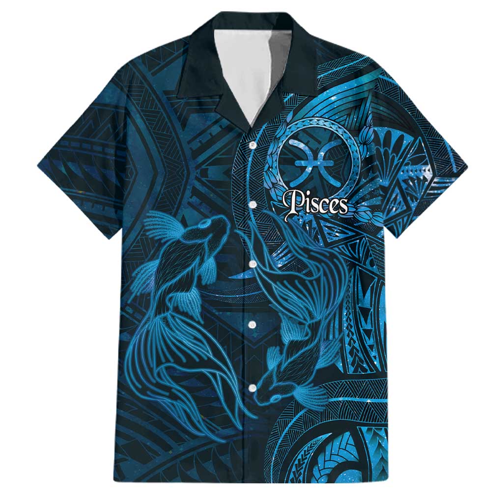 Personalised Polynesia Zodiac Pisces Family Matching Tank Maxi Dress and Hawaiian Shirt Galaxy Polynesian Pattern Chest Tattoo Style LT14 Dad's Shirt - Short Sleeve Blue - Polynesian Pride
