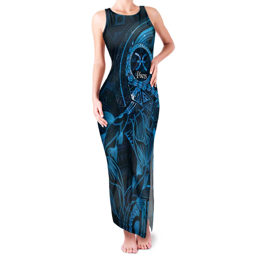 Personalised Polynesia Zodiac Pisces Family Matching Tank Maxi Dress and Hawaiian Shirt Galaxy Polynesian Pattern Chest Tattoo Style LT14 Mom's Dress Blue - Polynesian Pride
