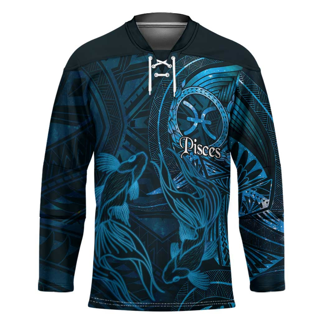 Personalised Polynesia Zodiac Pisces Hockey Jersey Galaxy Polynesian Pattern Chest Tattoo Style LT14 Unisex Blue - Polynesian Pride