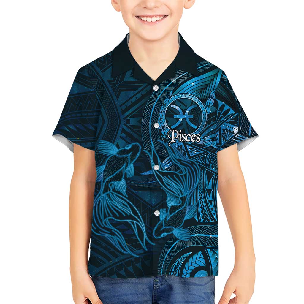 Personalised Polynesia Zodiac Pisces Kid Hawaiian Shirt Galaxy Polynesian Pattern Chest Tattoo Style LT14 Kid Blue - Polynesian Pride