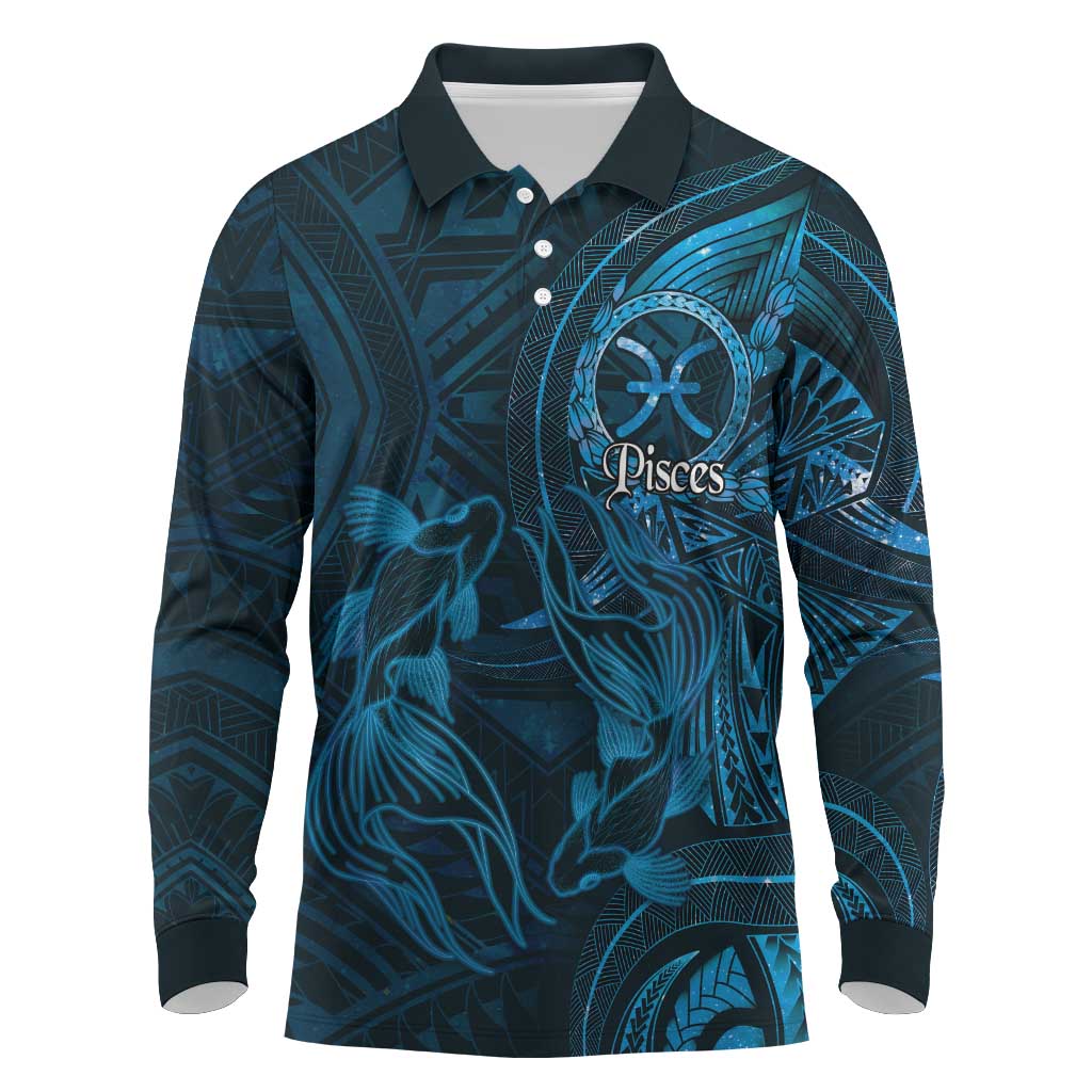 Personalised Polynesia Zodiac Pisces Long Sleeve Polo Shirt Galaxy Polynesian Pattern Chest Tattoo Style