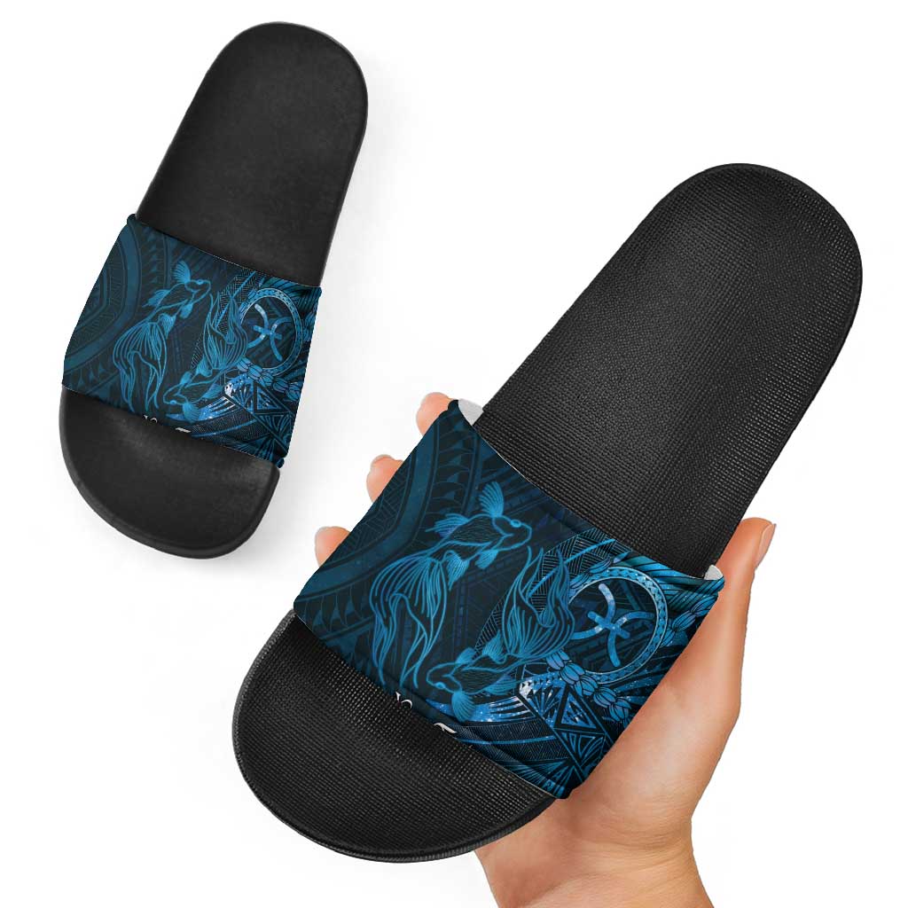 Personalised Polynesia Zodiac Pisces Slide Sandals Galaxy Polynesian Pattern Chest Tattoo Style