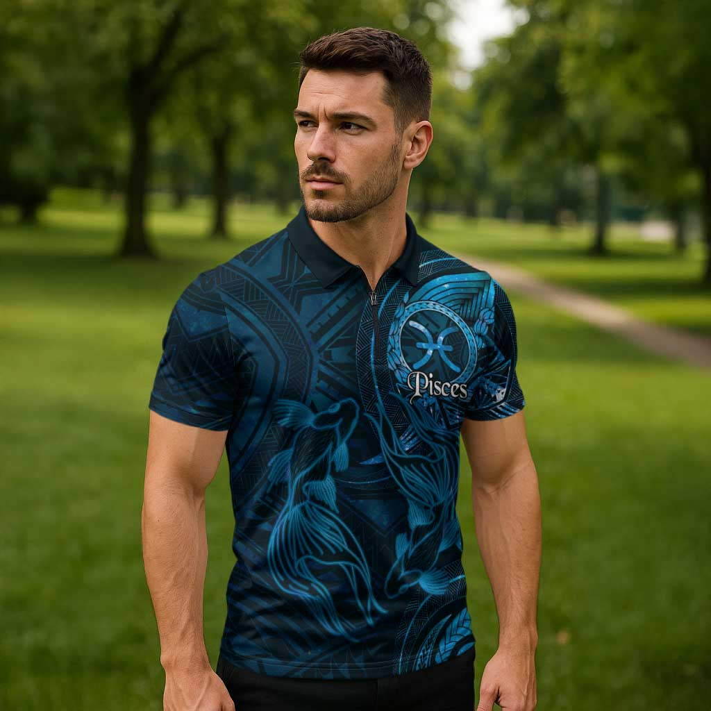 Personalised Polynesia Zodiac Pisces Zipper Polo Shirt Galaxy Polynesian Pattern Chest Tattoo Style