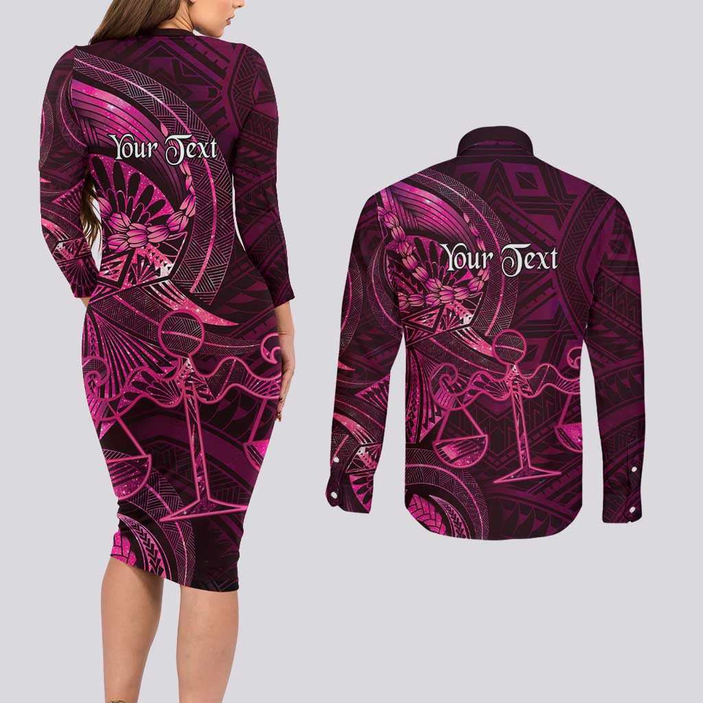 Personalised Polynesia Zodiac Libra Couples Matching Long Sleeve Bodycon Dress and Long Sleeve Button Shirt Galaxy Polynesian Pattern Chest Tattoo Style