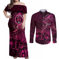 Personalised Polynesia Zodiac Libra Couples Matching Off Shoulder Maxi Dress and Long Sleeve Button Shirt Galaxy Polynesian Pattern Chest Tattoo Style