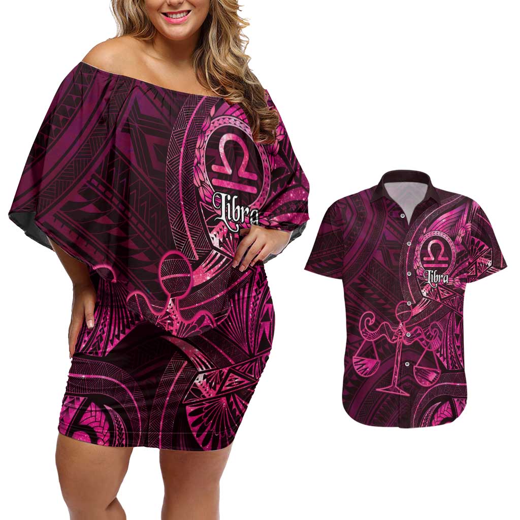 Personalised Polynesia Zodiac Libra Couples Matching Off Shoulder Short Dress and Hawaiian Shirt Galaxy Polynesian Pattern Chest Tattoo Style LT14 Pink - Polynesian Pride