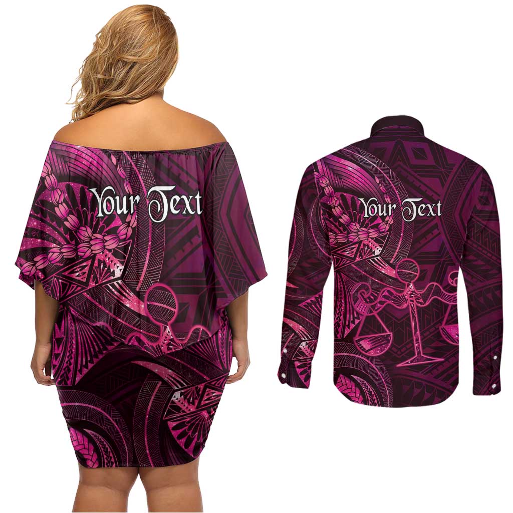 Personalised Polynesia Zodiac Libra Couples Matching Off Shoulder Short Dress and Long Sleeve Button Shirt Galaxy Polynesian Pattern Chest Tattoo Style