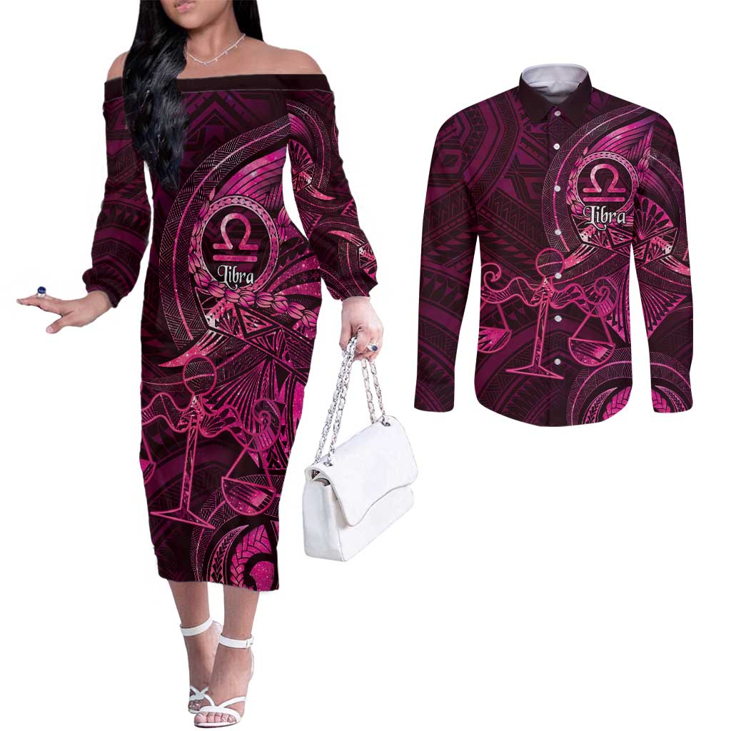 Personalised Polynesia Zodiac Libra Couples Matching Off The Shoulder Long Sleeve Dress and Long Sleeve Button Shirt Galaxy Polynesian Pattern Chest Tattoo Style