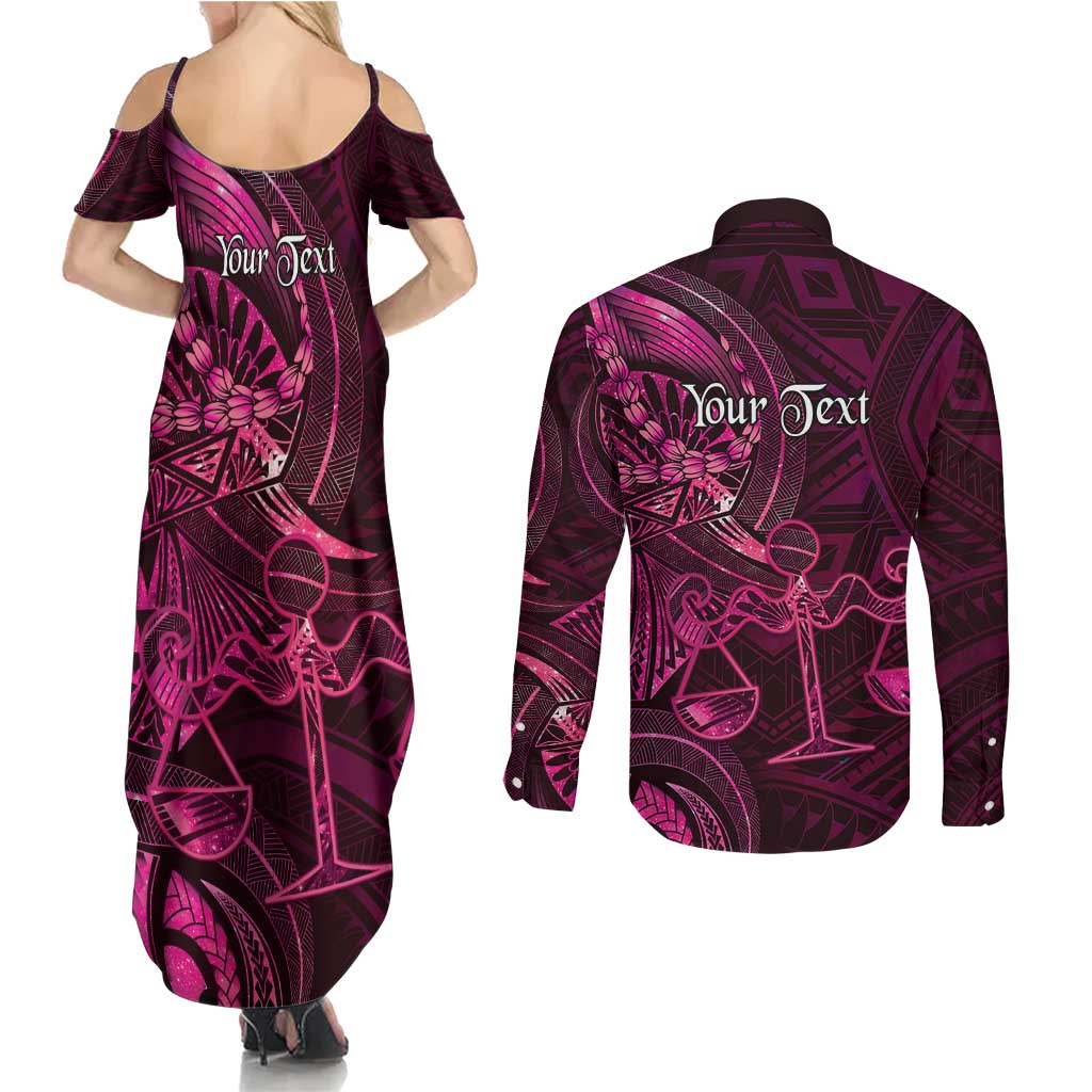 Personalised Polynesia Zodiac Libra Couples Matching Summer Maxi Dress and Long Sleeve Button Shirt Galaxy Polynesian Pattern Chest Tattoo Style