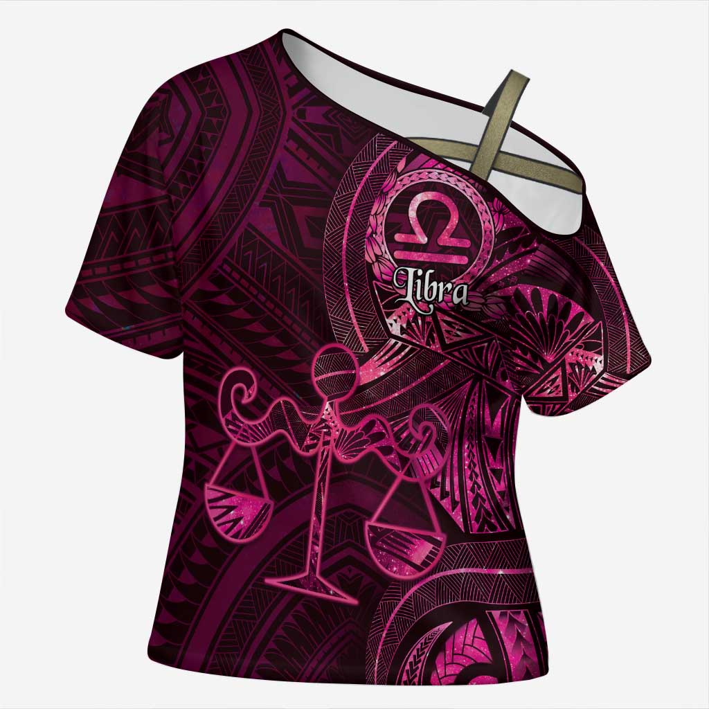 Personalised Polynesia Zodiac Libra Cross Shoulder Shirt Galaxy Polynesian Pattern Chest Tattoo Style