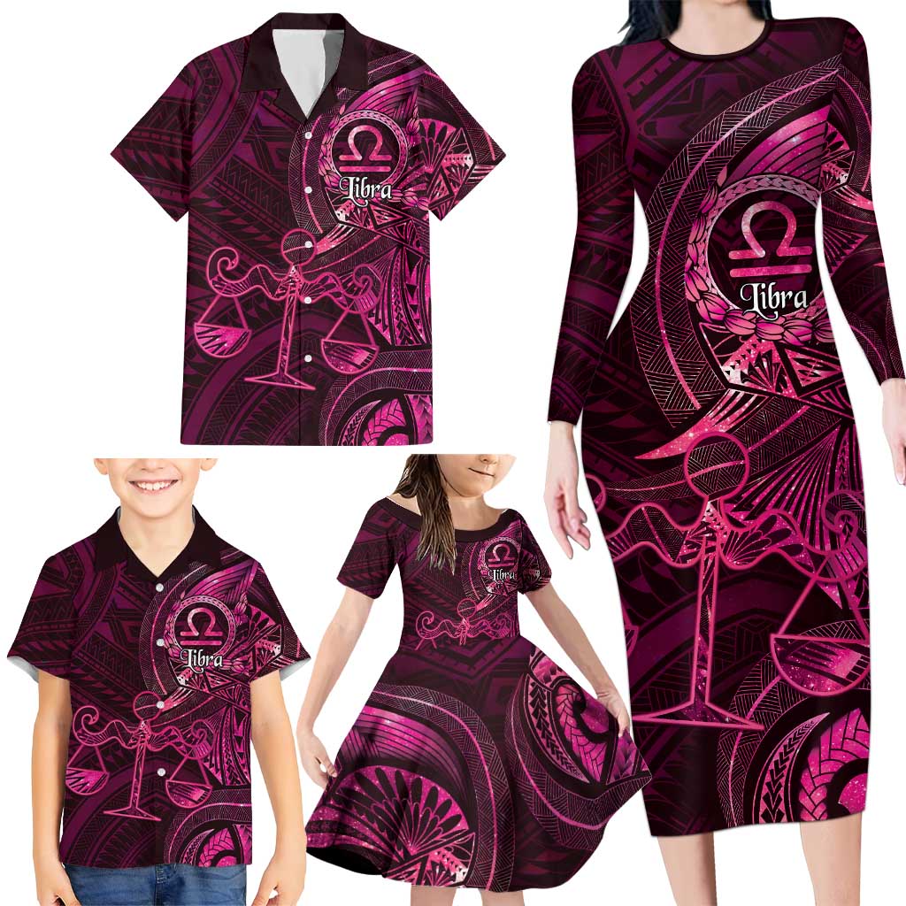 Personalised Polynesia Zodiac Libra Family Matching Long Sleeve Bodycon Dress and Hawaiian Shirt Galaxy Polynesian Pattern Chest Tattoo Style