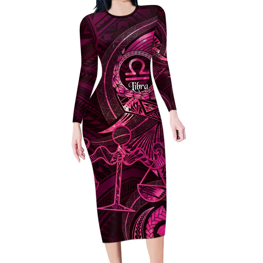 Personalised Polynesia Zodiac Libra Long Sleeve Bodycon Dress Galaxy Polynesian Pattern Chest Tattoo Style LT14 Long Dress Pink - Polynesian Pride