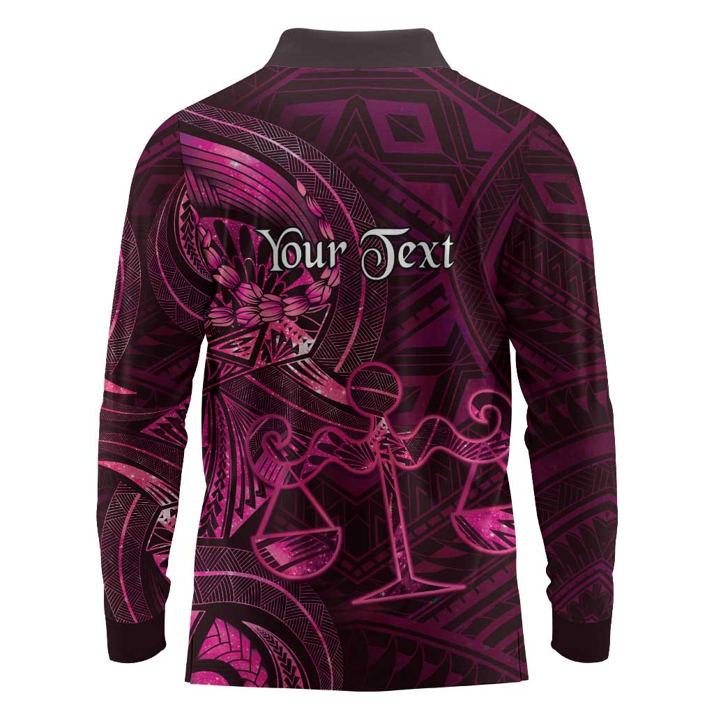 Personalised Polynesia Zodiac Libra Long Sleeve Polo Shirt Galaxy Polynesian Pattern Chest Tattoo Style