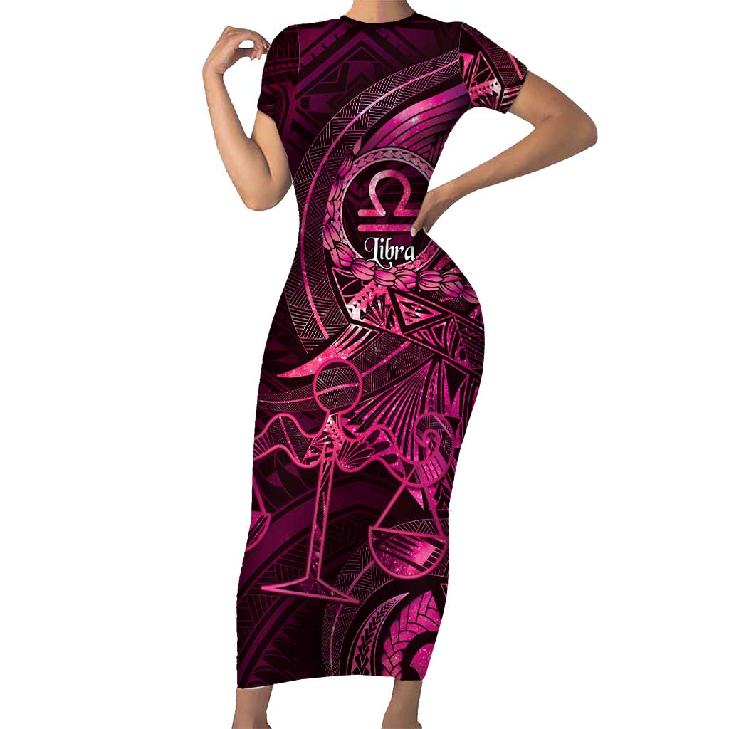Personalised Polynesia Zodiac Libra Short Sleeve Bodycon Dress Galaxy Polynesian Pattern Chest Tattoo Style