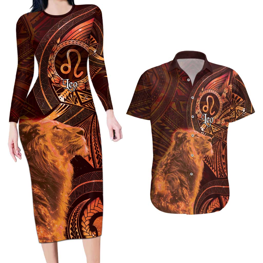Personalised Polynesia Zodiac Leo Couples Matching Long Sleeve Bodycon Dress and Hawaiian Shirt Galaxy Polynesian Pattern Chest Tattoo Style