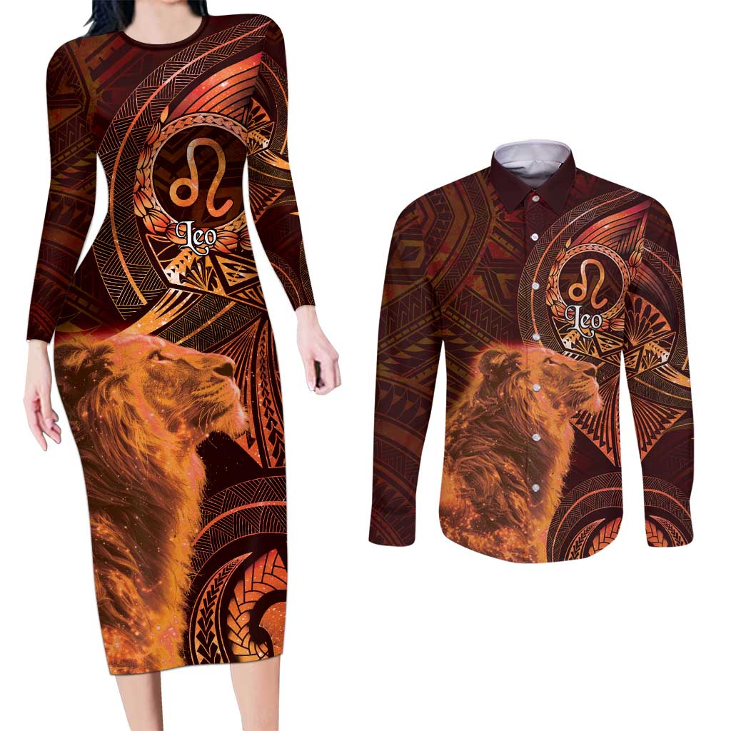 Personalised Polynesia Zodiac Leo Couples Matching Long Sleeve Bodycon Dress and Long Sleeve Button Shirt Galaxy Polynesian Pattern Chest Tattoo Style