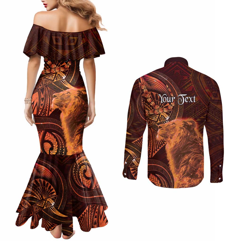 Personalised Polynesia Zodiac Leo Couples Matching Mermaid Dress and Long Sleeve Button Shirt Galaxy Polynesian Pattern Chest Tattoo Style