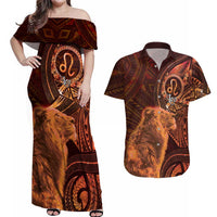 Personalised Polynesia Zodiac Leo Couples Matching Off Shoulder Maxi Dress and Hawaiian Shirt Galaxy Polynesian Pattern Chest Tattoo Style