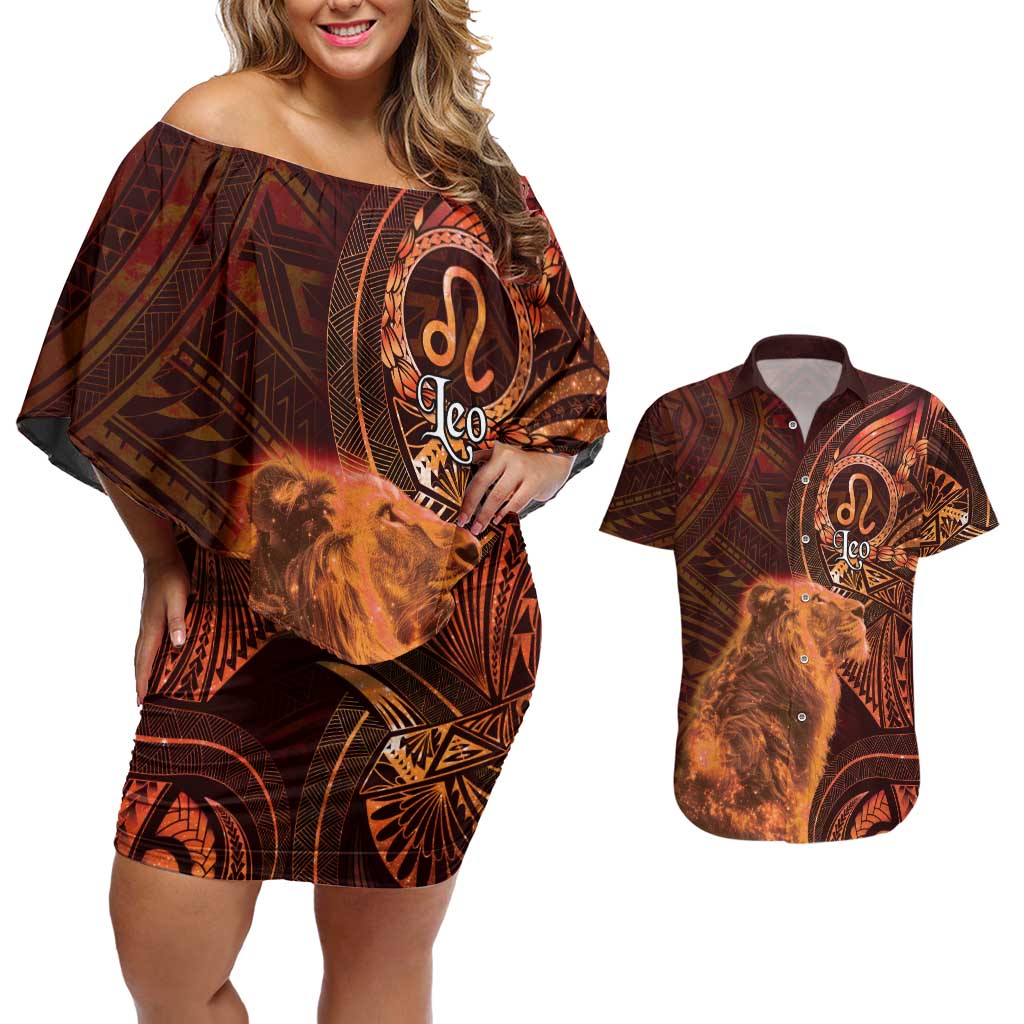 Personalised Polynesia Zodiac Leo Couples Matching Off Shoulder Short Dress and Hawaiian Shirt Galaxy Polynesian Pattern Chest Tattoo Style