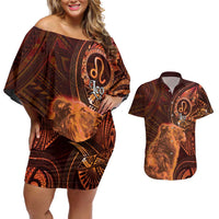 Personalised Polynesia Zodiac Leo Couples Matching Off Shoulder Short Dress and Hawaiian Shirt Galaxy Polynesian Pattern Chest Tattoo Style