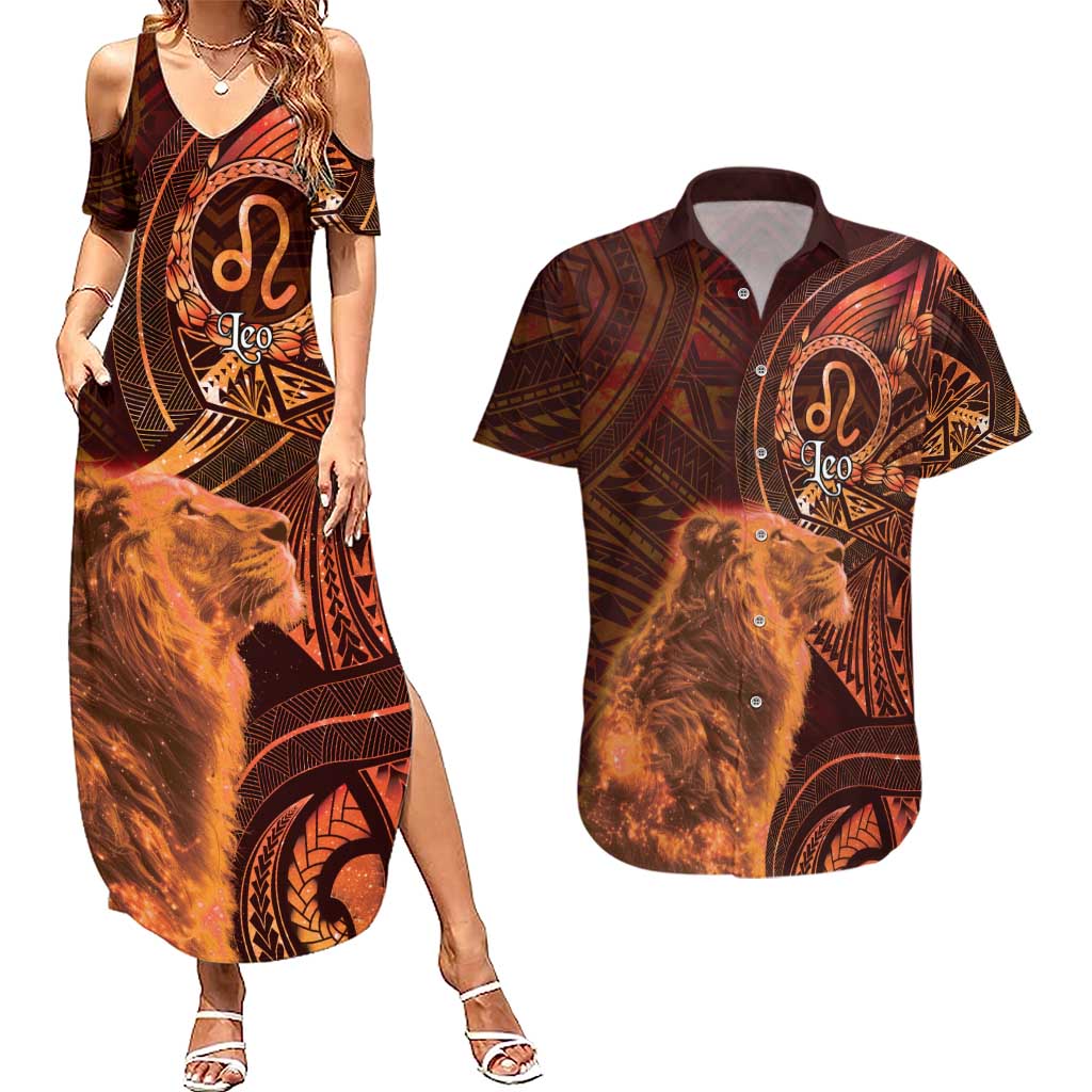 Personalised Polynesia Zodiac Leo Couples Matching Summer Maxi Dress and Hawaiian Shirt Galaxy Polynesian Pattern Chest Tattoo Style
