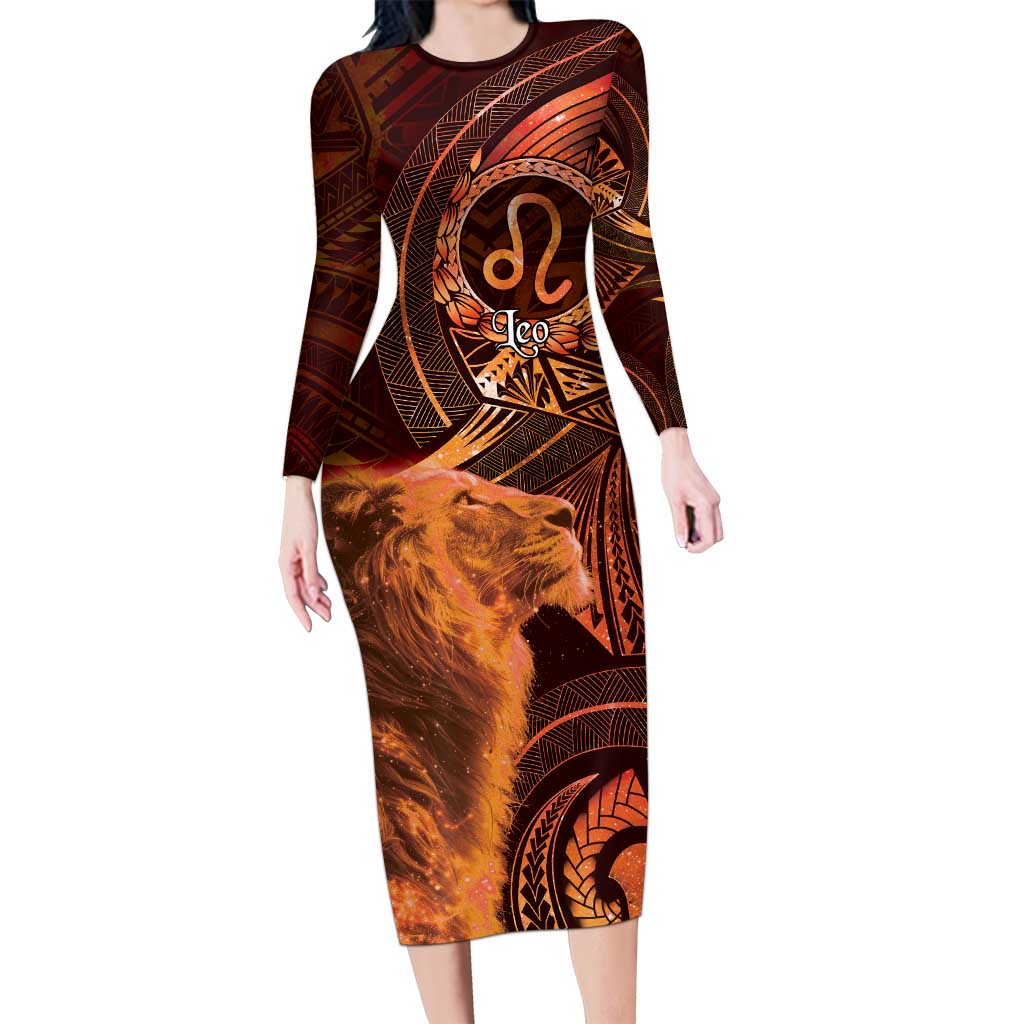 Personalised Polynesia Zodiac Leo Family Matching Long Sleeve Bodycon Dress and Hawaiian Shirt Galaxy Polynesian Pattern Chest Tattoo Style LT14 Mom's Dress Orange - Polynesian Pride